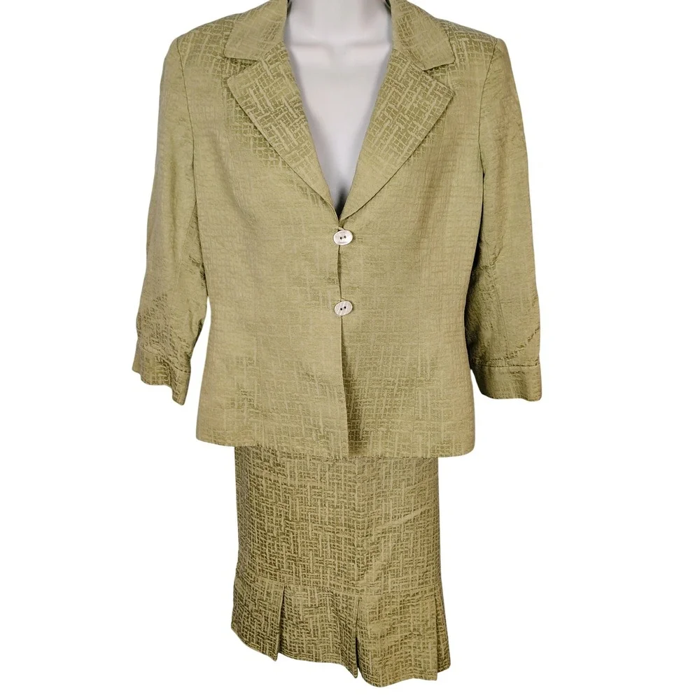 Sage‎ Green Textured Skirt Suit Set 6 3/4 Sleeve Jacket Pencil Skirt old money